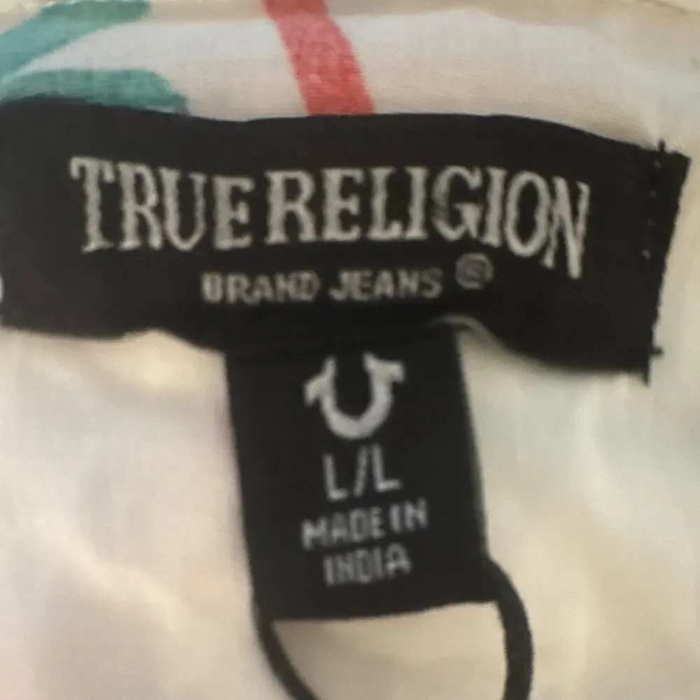 True Religion Men’s L Buddha Graphic Cotton Woven Camp Collar SS Button-Up